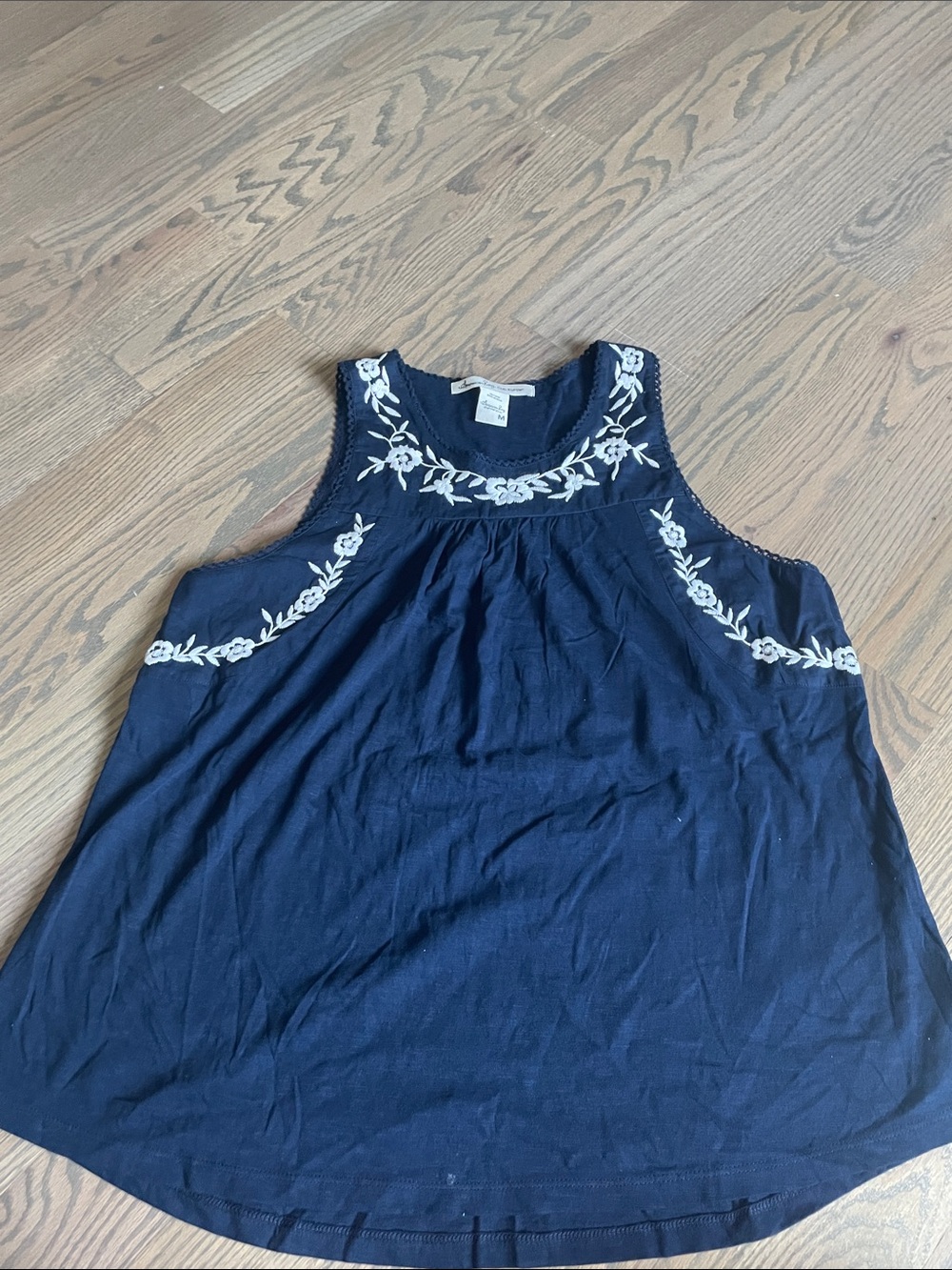 American Rag Navy Tank Top with White Floral Embroidery